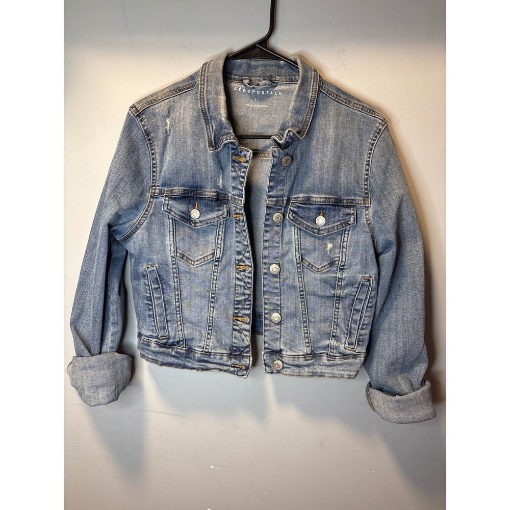 Womens Medium Wash Distressed Denim Trucker Jacket Blue Large Stretch